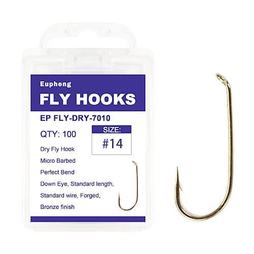 Eupheng Fly Fishing Hooks 100pc Pack Micro Barbed High Carbon Steel Bronze Forged for Dry Flies, Curved Nymphs, Shrimp,Caddis Pupa - color: EP FLY-DRY-7010, size: #14