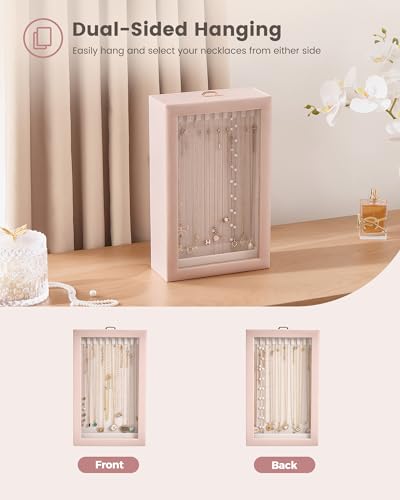 Lolalet Upgraded Double-Sided Hanging Necklace Organizer Box, Jewelry Display Case with Double-Sided Clear Window for Necklaces Bracelets, Tangle-Free Necklace Storage Box, Pink, 1-Layer 20 Hooks - color: Pink, size: 1-Layer, 20 Hooks