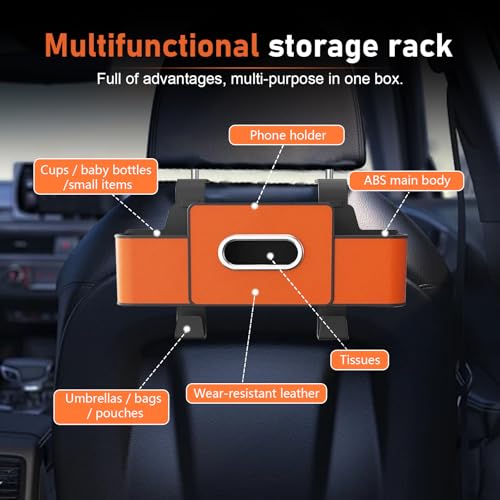 4-in-1 Back Seat Car Organizer, Multifunctional Hanging Back Seat Storage Box, Partition Design with Phone Holder Tissue Box Cup Holders Hooks, Universal for Most Cars SUVs Trucks (Orange) - color: Orange