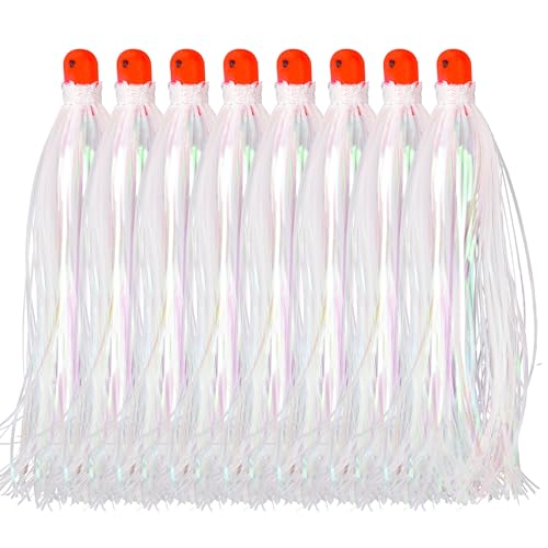 Mylar Skirt Trolling Lures 5.2in Fishing Mylar Skirts Trolling Teasers 3/8 oz Weighted Bullet Head Skirted Trolling Lures with Through-Hole for Mahi Tuna Wahoo Offshore Fishing - color: White_8pcs