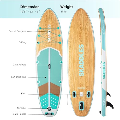 10’6’’ Inflatable Stand Up Paddle Board (SUP) for Adults and Youth with Non-Slip Deck – Complete Accessories Kit, for Fishing, Yoga, Fitness & Family Fun - color: mint green wood grain