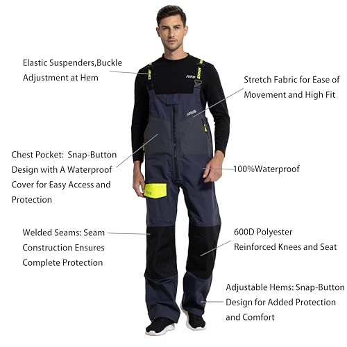 Men's PRO Waterproof Bib Pants for Sailing - Reinforced Knees & Hips for Offshore Fishing & Ocean Work - color: Navy Blue/Black, size: Large