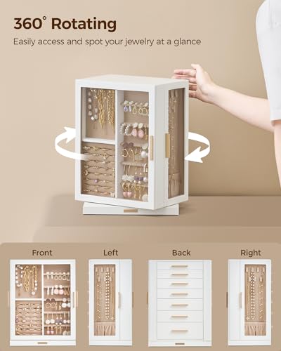 Glimmloop 360° Rotating Jewelry Box with 7 Drawers, Spacious Vertical Jewelry Organizer with Glass Window, Jewelry Storage Case, Dustproof & Moisture-resistant Design, White - color: White, size: 7 Drawers (6.2"D x 9.2"W x 12.7"H)