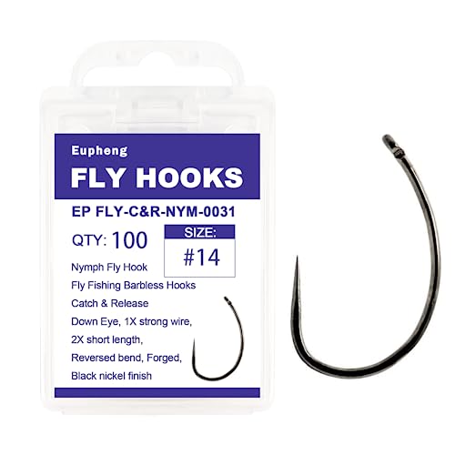 Eupheng Fly Fishing Hooks 100pc Pack Barbless Catch & Release Dry Wet Nymph Shrimp&Pupa, Streamer, Caddis, Jig, Scud Flies Fishing Hooks - color: EP Fly-C&R-NYM-0031, size: #14