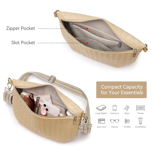 KALIDI Woven Crossbody Bags for Women Travel Vegan Leather Fanny Packs for Woman Cross Body Purse Fashion Belt Bum Bag with Wide Strap - color: Light Khaki