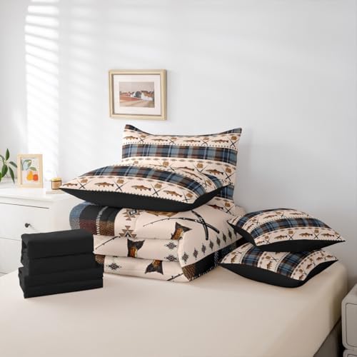 Erosebridal Big Fish Comforter Set with Sheets Full Size Aztec 7-Piece Bedding Set for Kids Boys Girls Retro Rustic Buffalo Plaid Cabin Farmhouse Blue White Brown Lightweight Bed in A Bag - color: Blue White Brown, size: Full