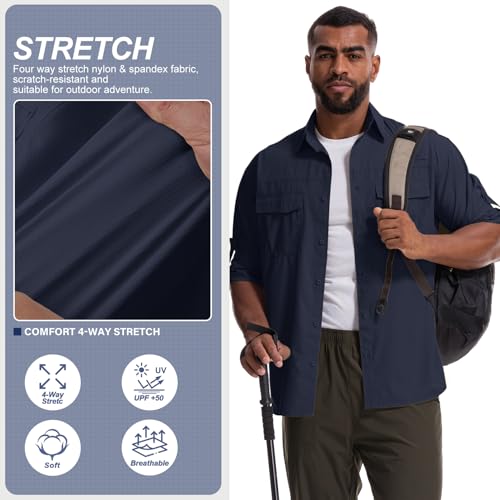 Mens Safari Sun Shirts UPF 50+ UV Sun Protection Long Sleeve Outdoor Quick Dry Fishing Hiking Gardening Shirts - color: 5051 Azure Blue, size: Medium
