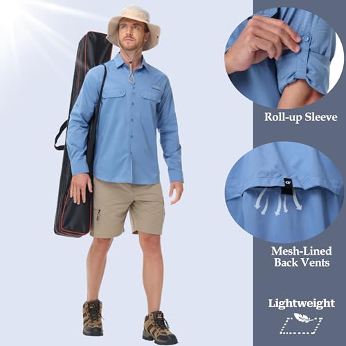 Satankud Mens Long Sleeve Fishing Shirts UPF 50+ Sun Protection Cooling Hiking Shirt for Travel Safari Work - color: Mist Blue, size: Medium