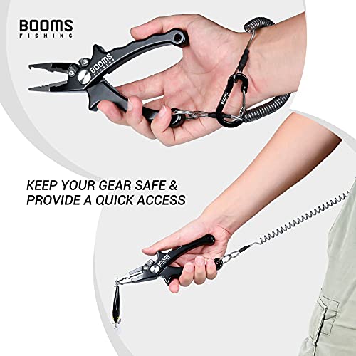 Booms Fishing T04 Fishing Lanyards Fishing Tool/Pole Safety Coil Lanyard Retractable Wire Inside Tup Cover - color: Black , with carabiner, 6pcs