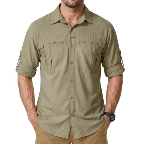 Men's Sun Protection Safari Fishing Shirts Long Sleeve UPF50+ UV Quick Dry Lightweight Cooling Hiking Travel - color: Khaki, size: Large