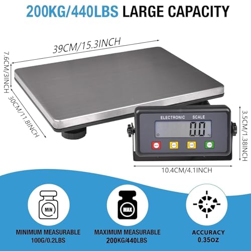 SurmountWay Large Shipping Scale, 440lb/0.2lb Digital Postal Scale with Tare/Count/Auto-Off Function, High Accurate Shipping Scale for Packages,Small Business,Luggage,Warehouse,Home (15.3"x11.8")