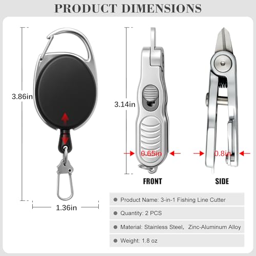 Portable 3-in-1 Fishing Line Cutter, Hook Eye Cleaner & Knot Tying Tool, Stainless Steel Braided Line Scissors for Monofilament & Fluorocarbon Lines with Retractable Zinger