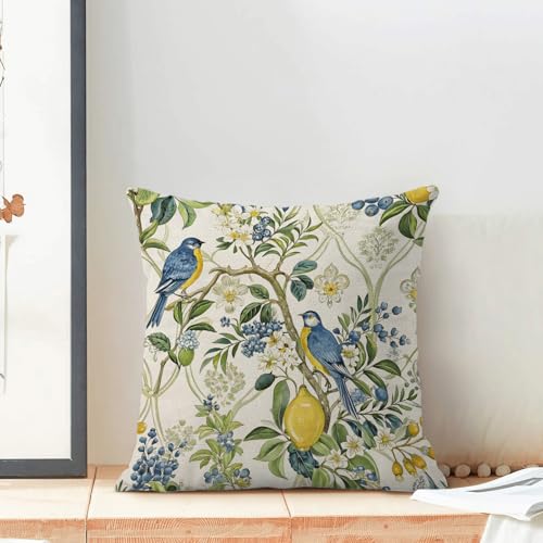 Chinoiserie Blue and Green Floral Bird Pillow Covers 16x16 Set of 2, Yellow Lemon Flower Summer Decorative Throw Pillows Farmhouse Linen Outdoor Cushion Case for Home Couch Sofa Decor - color: Blue Yellow Lemon Bird 1, size: 16" x 16" (Pack of 1)