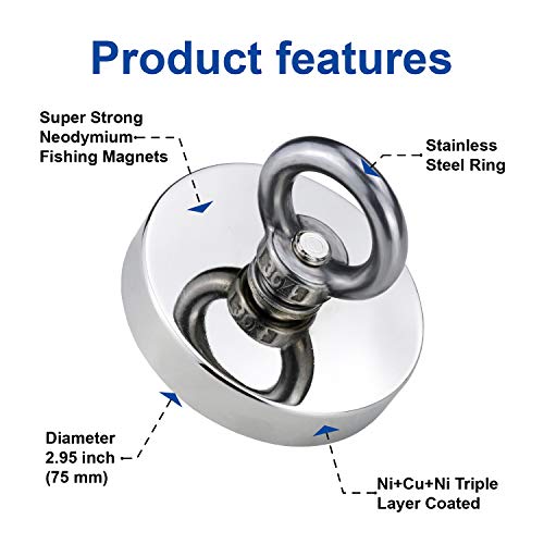 DIYMAG Strong Neodymium Fishing Magnets, 700 lbs(318 KG) Pulling Force Rare Earth Magnet with Countersunk Hole Eyebolt Diameter 2.95 inch(75 mm) for Retrieving in River and Magnetic Fishing - size: 75mm