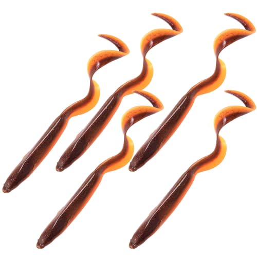 Dr.Fish 5 Pack Sand EEL Lures Saltwater Soft Fishing Lures Swimbait 6 Inch 3/8oz Surf Fishing Creature Baits Soft Plastic Artificial Ribbontail Worm - color: Brown/Orange