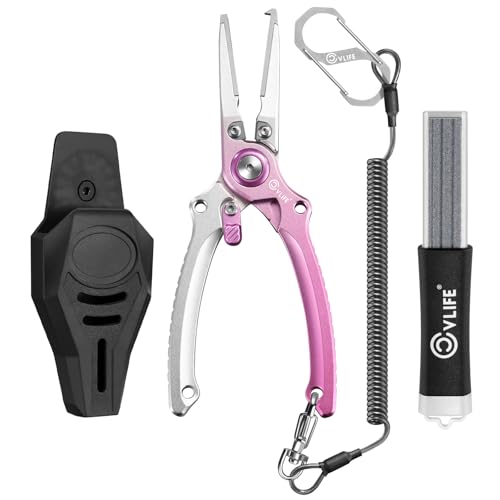 CVLIFE Fishing Pliers, Saltwater Hook Remover Kit, 7.5 Inch Aluminum Split Ring Pliers for Fishing with 17-4 PH Stainless Steel Jaws, Sheath, Tungsten Cutters Hook Sharpener & S-Carabiner - color: Pink