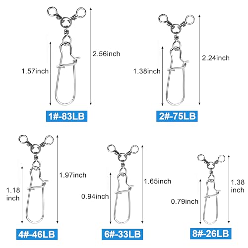 OROOTL 3 Way Snap Swivels Fishing Tackle, 50pcs Three Way Swivel with Duo Lock Snap Stainless Steel Cross Line Barrel Triple Swivels Snaps Connector for Saltwater Freshwater Fishing - size: 6#_33lb-50pcs