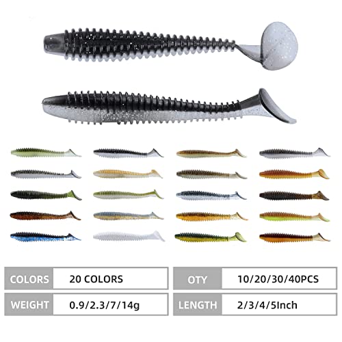 RUNCL Swimbaits Paddle 10/20/30/40PCS, 5/4/3/2 Inchs Paddle Tail, Soft Lure for Trout Crappie Bass, Durable Plastic Bait Swimmer for Saltwater/Freshwater, Fishing Lover's Gift - color: Black Silver, size: 4in, 20pcs