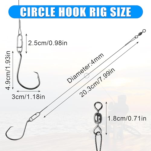 AGOOL Circle Hooks Rigs Saltwater Stainless Steel Leader Wire, 20pcs Heavy Duty Circle Hook with Leader Wire Bass Catfish Fishing Lure Rig for Catfish, Shark, Surf & Bottom Fishing 8/0