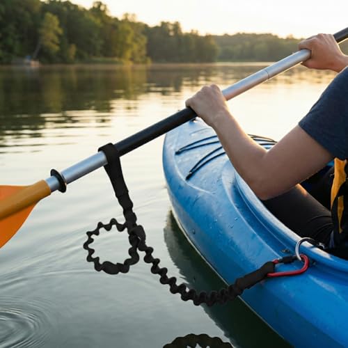 Kayak Paddle Leash, Stretchable Coiled Rod Leash for Kayak, Paddleboard Paddle and Fishing Rod, Extended Length 5"-7", Fishing Accessories for Kayak and Paddles - color: black