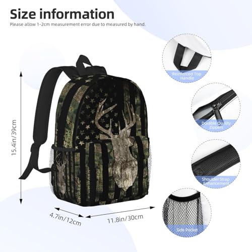 Camouflage Hunting Tactical Deer Camo American Flag 15 Inch Backpack Laptop Travel Bag For Men Women With Multiple Pockets Casual Hiking Gym Sport - color: Camouflage Hunting Tactical Deer Camo American Flag