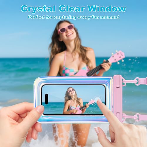 Waterproof Phone Pouch Floating, IPX68 Waterproof Phone Case for Beach Kayak Cruise Essentials, Dry Bag for iPhone 17 16 15 Pro Max Samsung S26 S25 S24, Up to 7", Iridescent Pink Letter - color: Iridescent Pink Letter
