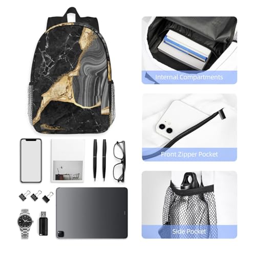 Marble Black And White Gold 15 Inch Backpack Laptop Travel Bag For Men Women With Multiple Pockets Casual Hiking Gym Sport - color: Marble Black and White Gold
