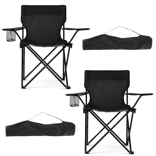 2 Pack Lightweight Folding Camping Chairs, Outdoor Lawn Beach Chair with Cup Holder & Carry Bag for Travel, Fishing, Picnic, Backyard, Hiking (Black, Medium) - color: Black, size: Medium