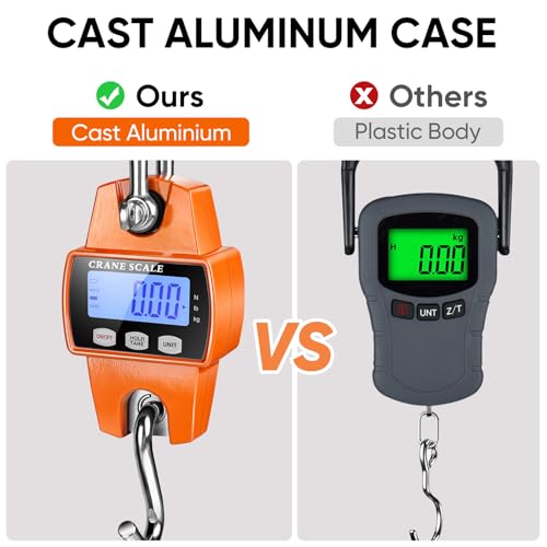 RoMech 660lb Digital Hanging Scale with Cast Aluminum Case, Handheld 300Kg Mini Crane Scale with Hooks for Farm Hunting Fishing Outdoor (Orange) - color: Orange, size: 660lbs