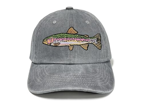 Fishing Baseball Cap for Men Women, Adjustable Embroidered Hat | Fishing Gear, Outdoor Adventure Design, Precision Embroidery Craft, One Size Adjustable Fit - color: Rainbow Trout (Washed Grey)