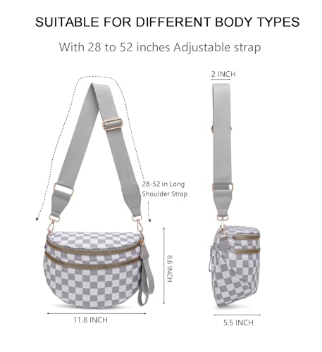 Pure Colour Crossbody Bum Bags for Women Spacious Checkered Cross body Bag Nylon Trendy Fanny Pack for Travel - color: Light Grey Checkered