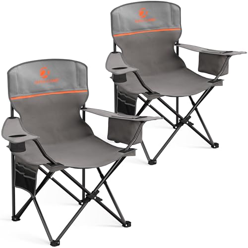ALPHA CAMP 2-Pack Camping Chair with Cooler Bag, Heavy Duty 250lbs Capacity Folding Chair with Lumbar Support & Side Pocket, Portable Quad Chairs for Beach Fishing Tailgating & Sideline Sport - color: Light Gray