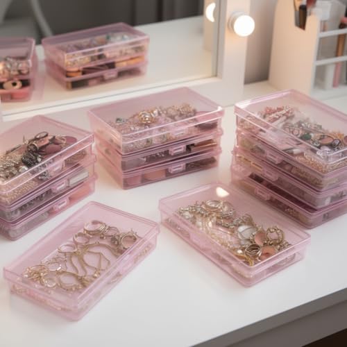 Goodma 8 Pieces Rectangular Storage Box, Pink, 5.3 x 3.1 x 1.2 inch | Empty Mini Plastic Organizer, Hinged Lids with Buckle, For Small Items, Craft Projects - color: Pink, size: 135 x 80 x 30 mm
