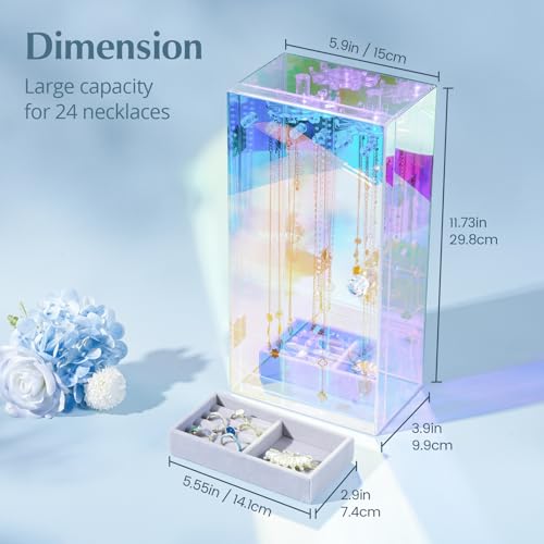 Lolalet Necklace Holder Organizer, Acrylic Jewelry Organizer with 24 Hooks, Rotating Clear Necklaces Display Box with Built-in Mirror, Dust-proof Jewelry Storage Case with Velvet Tray -Lasermirror - color: 3 -Lasermirror