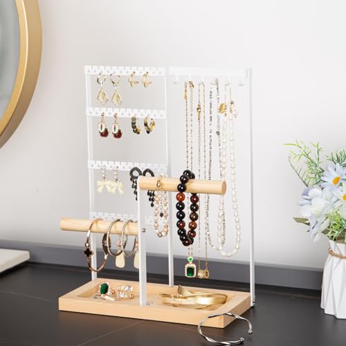 Jewelry Organizer Stand, Jewelry Holder, Lengnoy 4 Tier Earring Holder with 48 Holes and 6 Hooks Necklace Organizer Wood Box for Necklace Bracelet Earring Ring, White - color: White, size: 11 IN