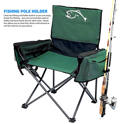EASYGO PRODUCTS Fishing Chair with Rod Holder – Built in Cooler – Hands Free Fishing Pole Holder - Storage Pouch – Full Size Portable & Folding – Ruler for Measuring Fish, Fishing Chair Green