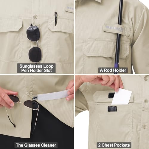 Satankud Fishing Shirts for Men Short Sleeve Sun Protection Cooling Hiking Shirt for Travel Safari Camping Work - color: Beige, size: Small
