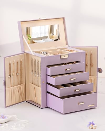 Homde Synthetic Leather Huge Jewelry Box Mirrored Watch Organizer Necklace Ring Earring Storage Lockable Gift Case (Grey Purple + Gold) - color: Grey Purple + Gold
