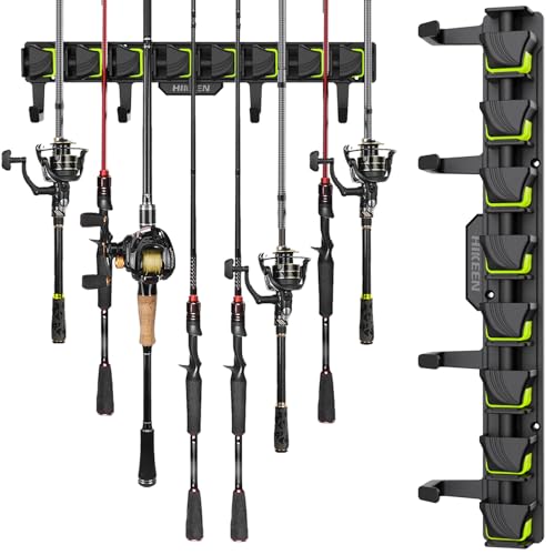 Fishing Rod Holders, Wall Mounted Fishing Rod Rack, Fishing Pole Holder Holds Up to 8 Rods or Combos, Fishing Rod Holders for Garage with 4 Hooks, Fits Most Rods of Diameter 3-24mm - style: Green-1Pack