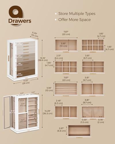 Glimmloop 360° Rotating Jewelry Box with 9 Drawers, Spacious Vertical Jewelry Organizer with Glass Window, Jewelry Storage Case, Dustproof & Moisture-resistant Design, White - color: White, size: 9 Drawers (6.2"D x 11"W x 15.1"H)