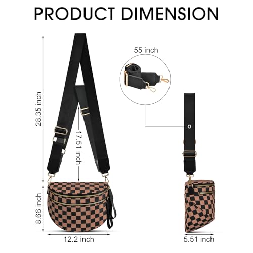 Checkered Nylon Crossbody Bag Bum Bag for Women Mom Large Checkered Fanny Packs with Adjustable Strap - color: Khaki Checkered