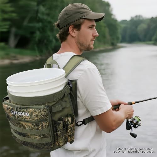 Fishing Bucket Backpack with Rod & Plier Holder and Pockets for Fishing, Hunting, Apple Picking for 5 Gallon Bucket (Camo) - color: Camo