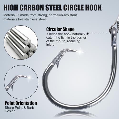 2 Pack Pre-Tied Shark Fishing Hook Rigs Heavy Duty Stainless Leader Wire and Big Game Circle Hooks 14/0 16/0 18/0 Ideal for Deep Sea Fishing Shark Tuna Halibut - size: 14/0 - 2 PCS