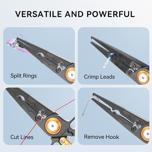Fishing Pliers Hook Remover, Saltwater Split Ring Pliers with Safety Lock, Fishing Gear with Sheath and Lanyard, Fishing Gifts for Men - color: Black