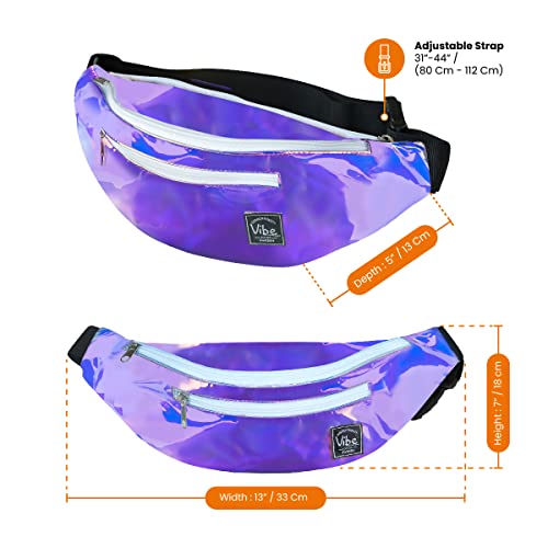 Vibe Festival Gear Rave Fanny Pack for Women Men – Festival, 4 Pockets, Adjustable Strap, Cute Waist Bag, Crossbody Belt Bag, Hiking, Running, Cycling - color: Purple Holographic Iridiscent, size: Fits Most