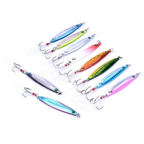 Aorace 10pcs Hard Metal Jigs Diving Sea Fishing Lures Minnow Popper Baits Tackle Crankbait Saltwater Freshwater Lures with Feather - color: 10pcs 6.5cm/17g