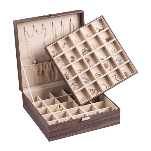 Frebeauty Earring Organizer Classic Jewelry Box 50 Slots Double Layer Jewelry Storage Case with 6 Necklace Hook and Bracelet Pocket(Tree Brown) - color: Tree Brown