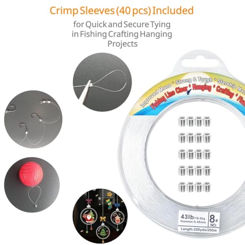 Aboda Clear Fishing Line 0.2-1 mm, Strong Invisible Nylon Fishing Wire 8-100 lb Test Includes Crimp Sleeves, Clear String for Hanging Decorations Balloons Garlands Beading Crafts & Jewelry - size: 0.2mm, 1650ft, 10lb