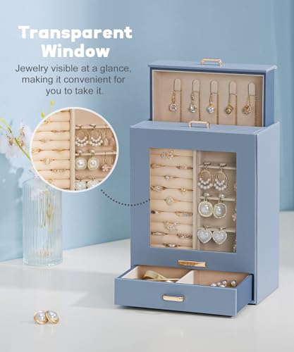 Homde Jewelry Organizer Girls Women Jewelry Box for Necklaces Rings Earrings Gift Bracelets Storage Case (Grey Blue + Gold) - color: Grey Blue + Gold