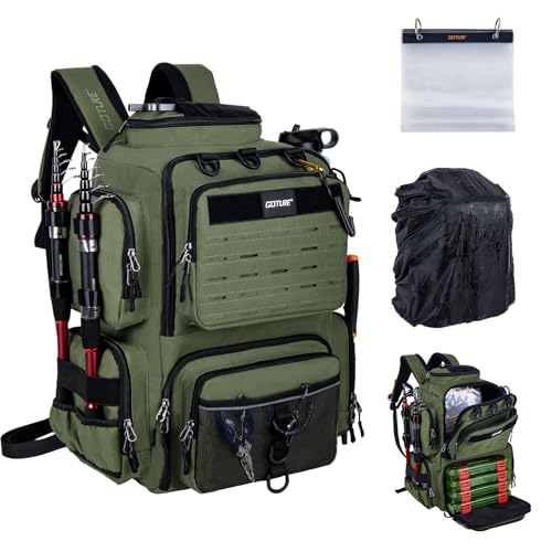 Goture Fishing Backpack,900D Water-Resistant Tackle Backpack with Rod Holders, SBS Zippers,45L Large Fishing Bag Storage Gear Tackle Bag with Rain Cover, Bottle Holder for Travel Camping Hiking - color: A1:Army Green(Only Bag), size: Without Tackle Boxes